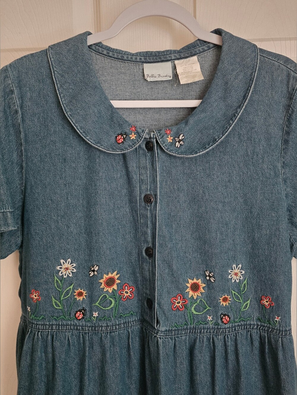 Vintage 90s Cottagecore Embroidered Denim Maxi Dress XL Tie Back Flower Ladybug